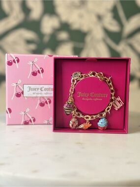 Juicy Couture Gold Charm Bracelet with Pink and Multicolor Cupcake Charms NIB